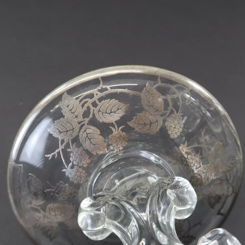 Glass Candle Holders Silver City Grapes Raspberry Clear Silver Overlay 5.5